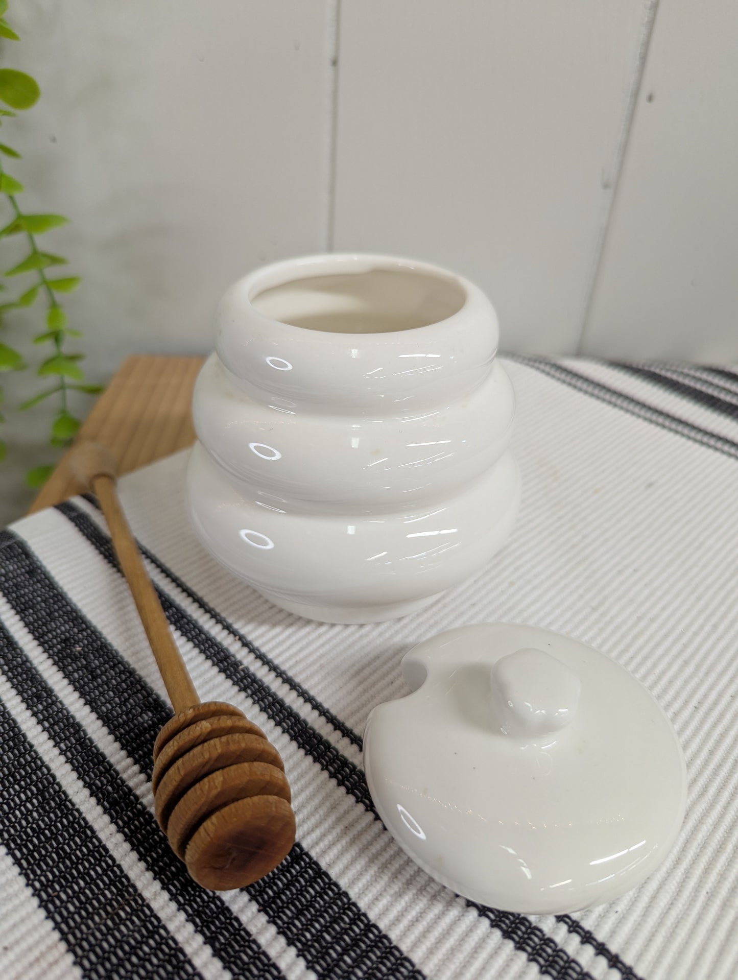 White Honey Pot with Wooden Honey Dipper