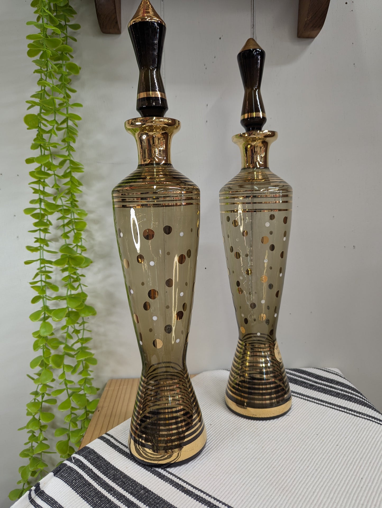 Pair of MCM Brown Decanter with Gold Details
