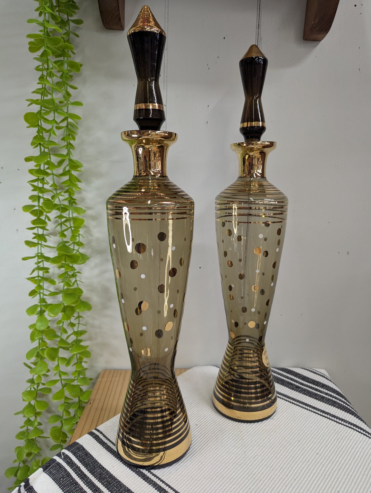 Pair of MCM Brown Decanter with Gold Details