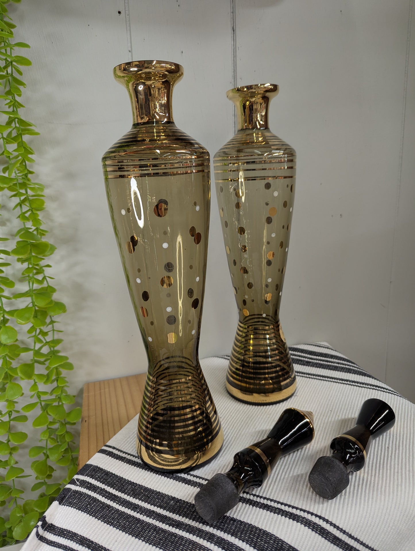 Pair of MCM Brown Decanter with Gold Details