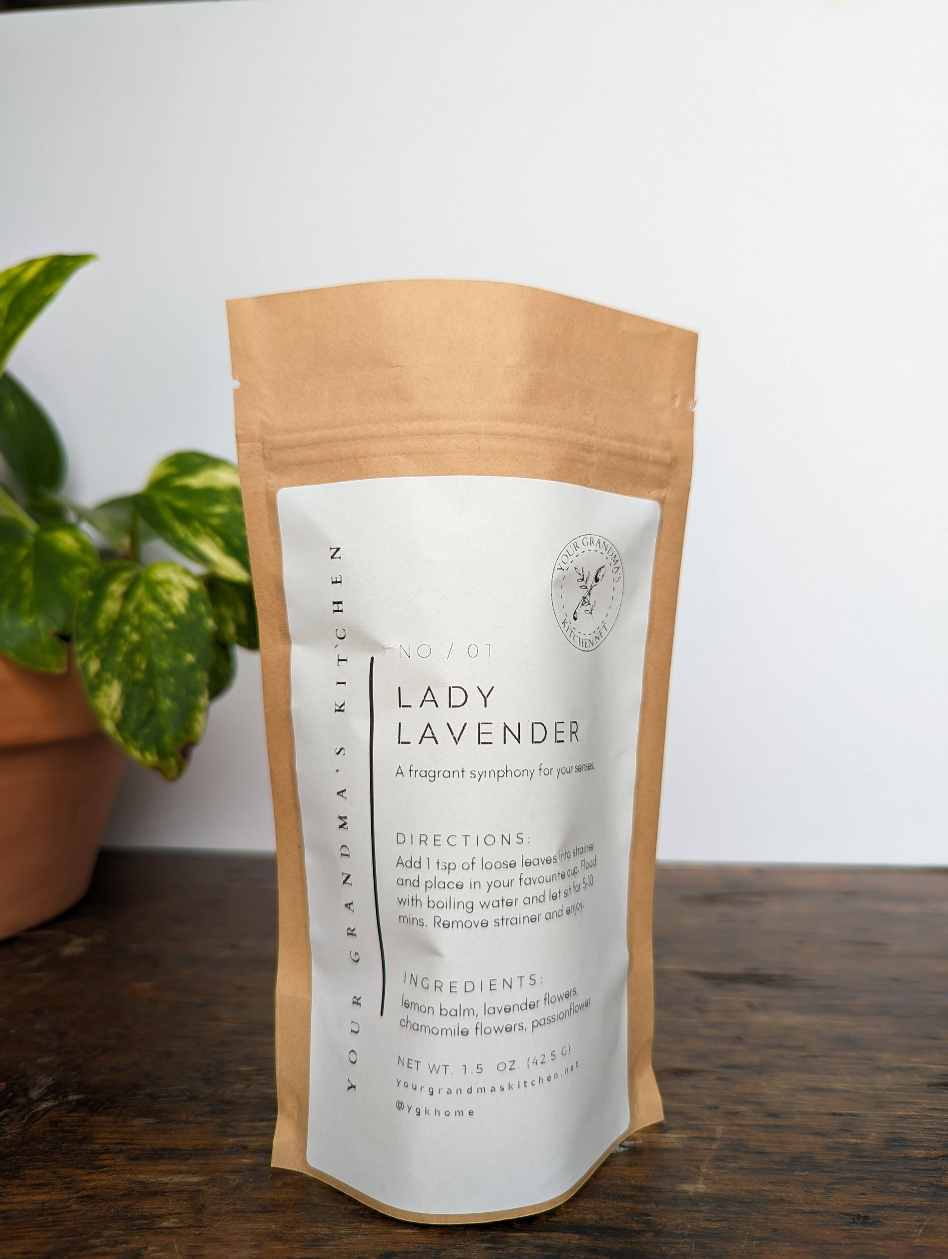 Lady Lavender loose leaf tea, pouch label.