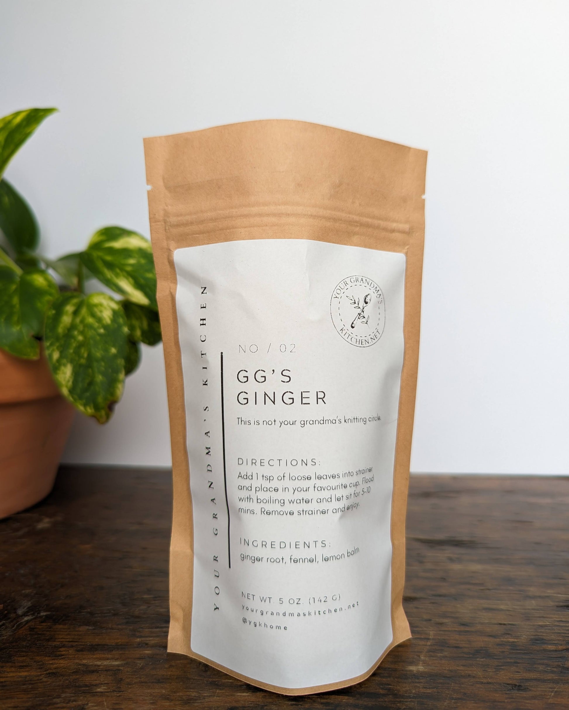 GG's Ginger loose leaf herbal tea, back pouch.