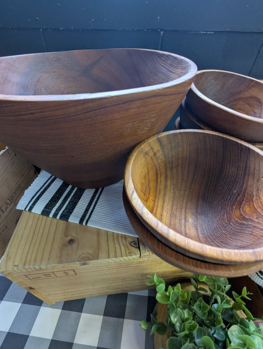 Rustic Teak Salad Bowl With Five Serving Bowls