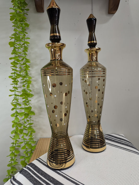 Pair of MCM Brown Decanter with Gold Details