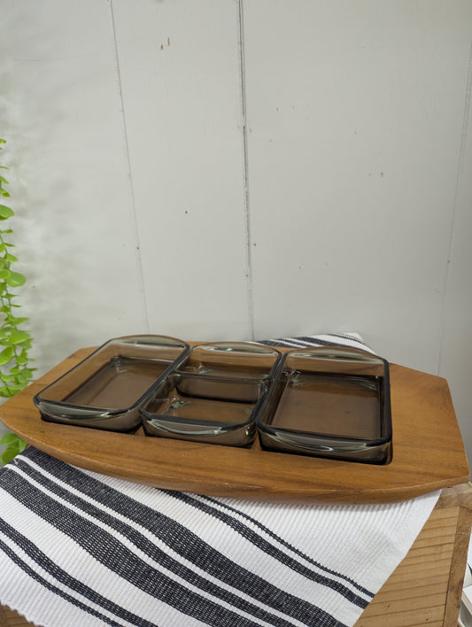 Wood Serving Tray and Four Relish Dishes