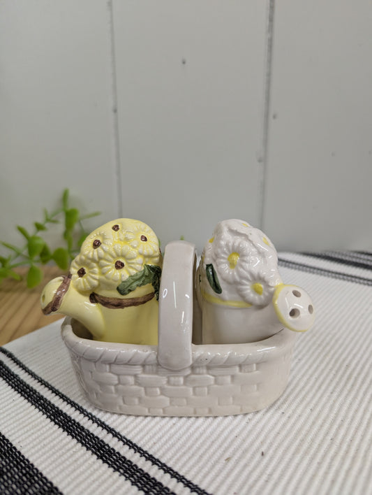 Watering Cans in Basket Salt and Pepper Shakers